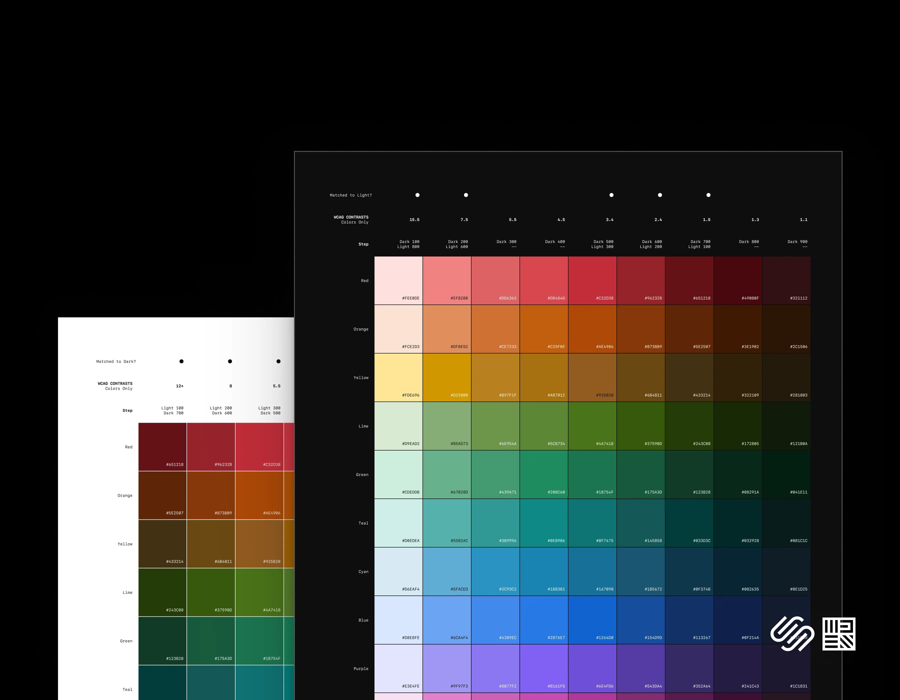 Two images showing the light and dark theme full color palettes for Squarespace's design system
