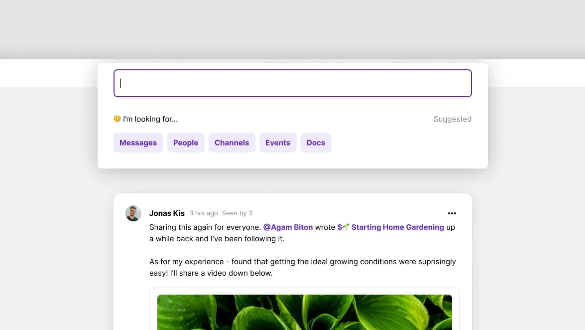 The Heartbeat UI shows a condensed text input with suggestion prompts that read 'I'm looking for...' and options like 'Messages,' 'People,' and 'Channels'