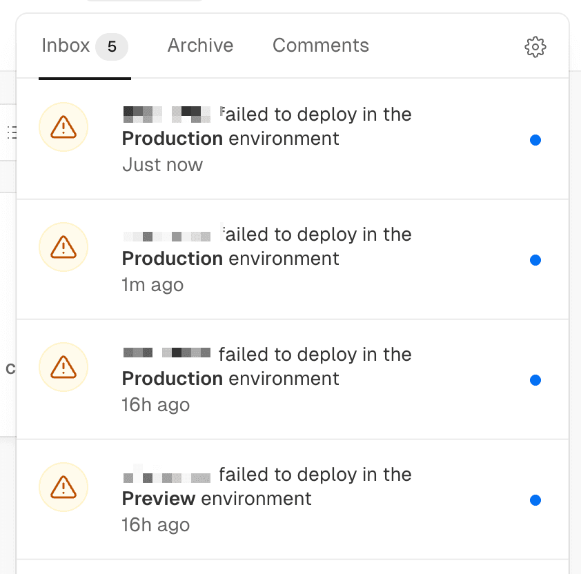 Vercel's dashboard. Notifications button is open and all of them are errors. Failed to deploy in the Production environment.